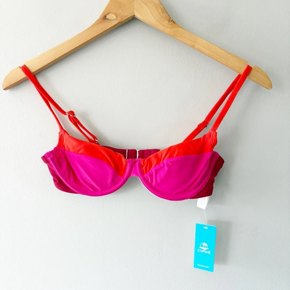 NWT Cupshe Color block Pink Red Hidden Wonders Underwire Bikini Top XS Barbie